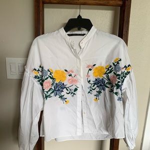 Zara White floral poplin top XS